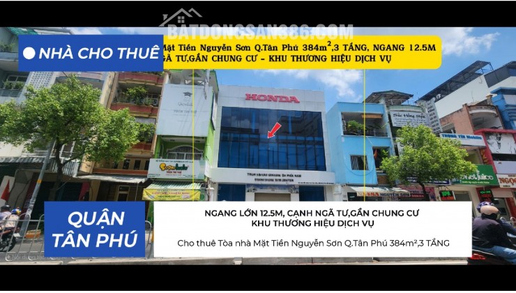 Cho thuê Tòa nhà Mặt Tiền Nguyễn Sơn Q.Tân Phú 384m²,3 TẦNG, NGANG 12M - CẠNH NGÃ TƯ